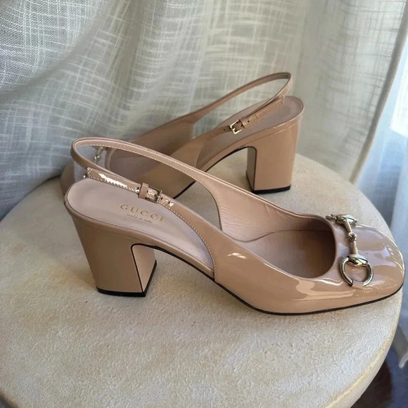 New Gucci Nude Patent Leather Slingback Block Heel, Lady Tan Horsebit Size 8 US - Picture 10 of 13